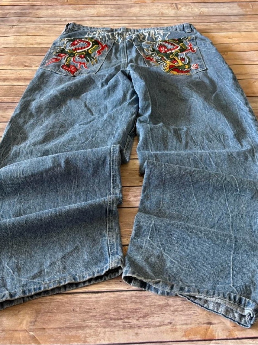 Embroidered Dragon Denim Pants in Blue